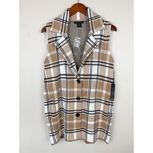 New Tahari Sweater Vest Tan Plaid Button Front Pockets Longer Length Women's S